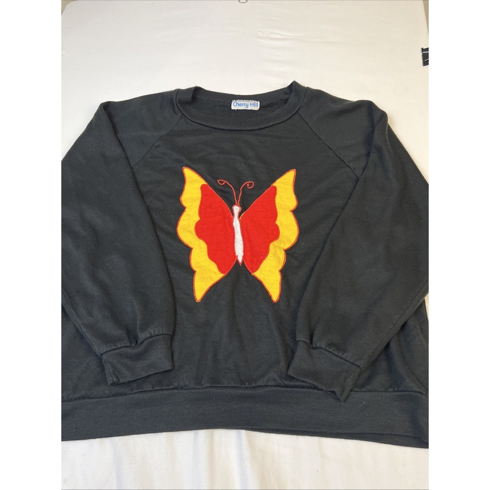 Vintage Cherry Hill Black Butterfly Applique Raglan Sweatshirt Crewneck Pullover